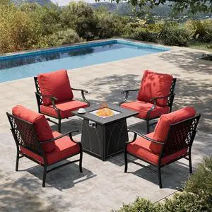 HERA'S HOUSE 5-Piece Steel Wrought Iron Outdoor Conversation Set, 4 Seats | Fire Pit Table, Red Leg Chair, Single chairs could support up to 350lbs HERA'S HOUSE 5-Piece Steel Wrought Iron Outdoor Conversation Set, 4 Seats | Fire Pit Table, Red Leg Chair, Single chairs could support up to 350lbs