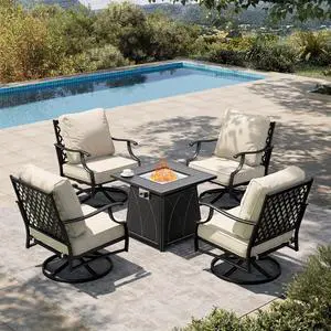 HERA'S HOUSE 5-Piece Steel Wrought Iron Outdoor Conversation Set, 4 Seats | 28 in Fire Pit Table, Beige Swivel Chair, Single chairs could support up to 350lbs HERA'S HOUSE 5-Piece Steel Wrought Iron Outdoor Conversation Set, 4 Seats | 28 in Fire Pit Table, Beige Swivel Chair, Single chairs could support up to 350lbs