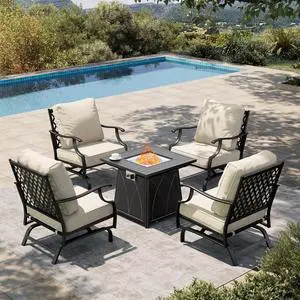 HERA'S HOUSE 5-Piece Steel Wrought Iron Outdoor Conversation Set, 4 Seats | Fire Pit Table, Beige Rocking Chair, Single chairs could support up to 350lbs HERA'S HOUSE 5-Piece Steel Wrought Iron Outdoor Conversation Set, 4 Seats | Fire Pit Table, Beige Rocking Chair, Single chairs could support up to 350lbs