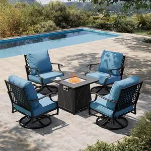HERA'S HOUSE 5-Piece Steel Wrought Iron Outdoor Conversation Set, 4 Seats | 28 in Fire Pit Table, Navy Blue Swivel Chair, Single chairs could support up to 350lbs HERA'S HOUSE 5-Piece Steel Wrought Iron Outdoor Conversation Set, 4 Seats | 28 in Fire Pit Table, Navy Blue Swivel Chair, Single chairs could support up to 350lbs