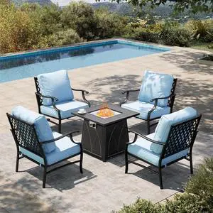 HERA'S HOUSE 5-Piece Steel Wrought Iron Outdoor Conversation Set, 4 Seats | Fire Pit Table, Blue Leg Chair, Single chairs could support up to 350lbs HERA'S HOUSE 5-Piece Steel Wrought Iron Outdoor Conversation Set, 4 Seats | Fire Pit Table, Blue Leg Chair, Single chairs could support up to 350lbs