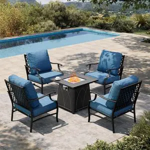 HERA'S HOUSE 5-Piece Steel Wrought Iron Outdoor Conversation Set, 4 Seats | Fire Pit Table, Pacific Blue Leg Chair, Single chairs could support up to 350lbs HERA'S HOUSE 5-Piece Steel Wrought Iron Outdoor Conversation Set, 4 Seats | Fire Pit Table, Pacific Blue Leg Chair, Single chairs could support up to 350lbs