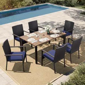HERA'S HOUSE 7-Piece Patio Dining Set, Rattan Chairs, Rectangular Table | Patio Table and Chairs Set, Outdoor Dining Furniture Set with Cushions, Wood Grain Table with Umbrella Hole HERA'S HOUSE 7-Piece Patio Dining Set, Rattan Chairs, Rectangular Table | Patio Table and Chairs Set, Outdoor Dining Furniture Set with Cushions, Wood Grain Table with Umbrella Hole