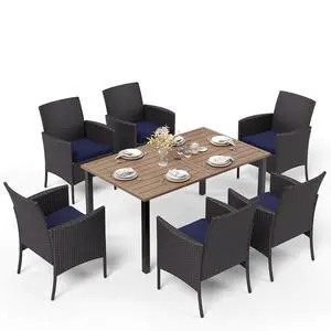 HERA'S HOUSE 7 Pieces Outdoor Dining Set, Outdoor Dining Set for 6, 6 x Cushioned Rattan Chairs, 1 x Rectangular Metal Dining Table with Wood-Look Finish for Patio, Lawn, Garden, Porch HERA'S HOUSE 7 Pieces Outdoor Dining Set, Outdoor Dining Set for 6, 6 x Cushioned Rattan Chairs, 1 x Rectangular Metal Dining Table with Wood-Look Finish for Patio, Lawn, Garden, Porch
