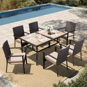 HERA'S HOUSE 7-Piece Patio Dining Set, Rattan Chairs, Rectangular Table | Outdoor Dining Sets for 6, Outdoor Rattan Chairs and Wood-like Table with Umbrella Hole HERA'S HOUSE 7-Piece Patio Dining Set, Rattan Chairs, Rectangular Table | Outdoor Dining Sets for 6, Outdoor Rattan Chairs and Wood-like Table with Umbrella Hole