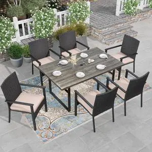 HERA'S HOUSE 7-Piece Patio Dining Set, Rattan Chairs, Rectangular Table | Patio Dining Set for 6, 6 Outdoor Rattan Armchair with Removable Cushions, Rectangular Patio Table with Umbrella Hole HERA'S HOUSE 7-Piece Patio Dining Set, Rattan Chairs, Rectangular Table | Patio Dining Set for 6, 6 Outdoor Rattan Armchair with Removable Cushions, Rectangular Patio Table with Umbrella Hole