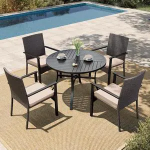 HERA'S HOUSE 5pc Patio Dining Set, Rattan Chairs, Round Metal Table | Outdoor Dining Set for 4,4 Rattan Armchair with Removable Soft Cushions and 42" Round Metal Dining Table HERA'S HOUSE 5pc Patio Dining Set, Rattan Chairs, Round Metal Table | Outdoor Dining Set for 4,4 Rattan Armchair with Removable Soft Cushions and 42" Round Metal Dining Table