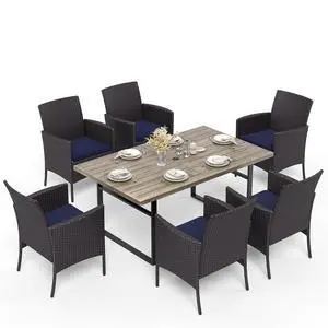 HERA'S HOUSE 7-Piece Patio Dining Set, 6 x Outdoor Rattan Armchair with Removable Cushions, 1 x 64 Inches Rectangular Patio Table with 1.57"-1.9" Umbrella Hole for Patio, Lawn, Garden, Porch HERA'S HOUSE 7-Piece Patio Dining Set, 6 x Outdoor Rattan Armchair with Removable Cushions, 1 x 64 Inches Rectangular Patio Table with 1.57"-1.9" Umbrella Hole for Patio, Lawn, Garden, Porch