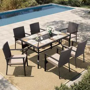 HERA'S HOUSE 7-Piece Patio Dining Set, Rattan Chairs, Rectangular Table | Patio Dining Sets for 6, Outdoor Rattan Chairs and Wood-Like Table with Umbrella Hole, Modern Outdoor Table and Chairs HERA'S HOUSE 7-Piece Patio Dining Set, Rattan Chairs, Rectangular Table | Patio Dining Sets for 6, Outdoor Rattan Chairs and Wood-Like Table with Umbrella Hole, Modern Outdoor Table and Chairs
