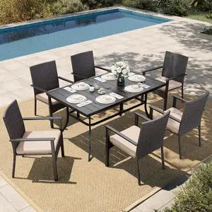 HERA'S HOUSE 7-Piece Patio Dining Set, Rattan Chairs, Rectangular Table | Patio Dining Set for 6, Outdoor PE Rattan Chairs and Black Metal Table with Umbrella Hole, Outdoor Patio Set for Deck HERA'S HOUSE 7-Piece Patio Dining Set, Rattan Chairs, Rectangular Table | Patio Dining Set for 6, Outdoor PE Rattan Chairs and Black Metal Table with Umbrella Hole, Outdoor Patio Set for Deck