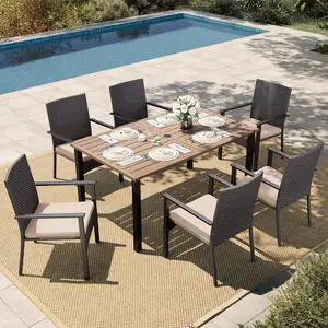 HERA'S HOUSE 7-Piece Patio Dining Set, Rattan Chairs, Rectangular Table | Patio Dining Set, 6 Outdoor Rattan Armchair with Beige Removable Cushions, Rectangular Wood-like Metal Dining Table HERA'S HOUSE 7-Piece Patio Dining Set, Rattan Chairs, Rectangular Table | Patio Dining Set, 6 Outdoor Rattan Armchair with Beige Removable Cushions, Rectangular Wood-like Metal Dining Table