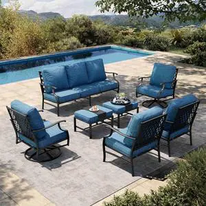 HERA'S HOUSE 7-Piece Metal Patio Conversation Set, 7-Seat, Swivel Chairs | Peacock Blue, 2 Swivel Chairs, 2 Chairs, 2 Ottomans, 1 3-Seat Sofa, Ottomans, Modular Design, All-Weather HERA'S HOUSE 7-Piece Metal Patio Conversation Set, 7-Seat, Swivel Chairs | Peacock Blue, 2 Swivel Chairs, 2 Chairs, 2 Ottomans, 1 3-Seat Sofa, Ottomans, Modular Design, All-Weather