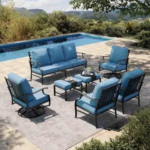 HERA'S HOUSE 7-Piece Metal Patio Conversation Set, 7-Seat, Swivel Chairs | Navy Blue, 2 Swivel Chairs, 2 Chairs, 2 Ottomans, 1 3-Seat Sofa, Ottomans, Modular Design, All-Weather HERA'S HOUSE 7-Piece Metal Patio Conversation Set, 7-Seat, Swivel Chairs | Navy Blue, 2 Swivel Chairs, 2 Chairs, 2 Ottomans, 1 3-Seat Sofa, Ottomans, Modular Design, All-Weather