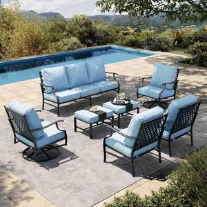 HERA'S HOUSE 7-Piece Metal Patio Conversation Set, 7-Seat, Swivel Chairs | Blue, 2 Swivel Chairs, 2 Chairs, 2 Ottomans, 1 3-Seat Sofa, Ottomans, Modular Design, All-Weather, For Garden, Deck, Backyard HERA'S HOUSE 7-Piece Metal Patio Conversation Set, 7-Seat, Swivel Chairs | Blue, 2 Swivel Chairs, 2 Chairs, 2 Ottomans, 1 3-Seat Sofa, Ottomans, Modular Design, All-Weather, For Garden, Deck, Backyard