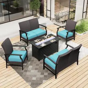 HERA'S HOUSE 5 Pieces Fire Pit Patio Furniture Set, 2 x Wicker Chair, 45" Fire Pit Table, 2 x 2-Seat Lover Sofa, All Weather Outdoor Conversation Set for Lawn Garden Backyard HERA'S HOUSE 5 Pieces Fire Pit Patio Furniture Set, 2 x Wicker Chair, 45" Fire Pit Table, 2 x 2-Seat Lover Sofa, All Weather Outdoor Conversation Set for Lawn Garden Backyard