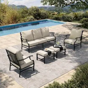 HERA'S HOUSE 5-Piece Metal Outdoor Conversation Set, 7 Seats | Beige Leg Chair + Ottoman, Single chairs could support up to 350lbs HERA'S HOUSE 5-Piece Metal Outdoor Conversation Set, 7 Seats | Beige Leg Chair + Ottoman, Single chairs could support up to 350lbs