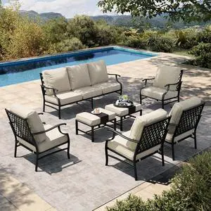 HERA'S HOUSE 7-Piece Metal Patio Conversation Set, 9-Seat, Modular Design | Beige, 2 Ottomans, 1 3-Seat Sofa, Ottomans, All-Weather, For Garden, Deck, Backyard HERA'S HOUSE 7-Piece Metal Patio Conversation Set, 9-Seat, Modular Design | Beige, 2 Ottomans, 1 3-Seat Sofa, Ottomans, All-Weather, For Garden, Deck, Backyard