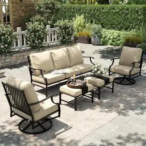 HERA'S HOUSE 5-Piece Metal Wrought Iron Outdoor Conversation Set, 7 Seats | Beige Swivel Chair + Ottoman, Single chairs could support up to 350lbs HERA'S HOUSE 5-Piece Metal Wrought Iron Outdoor Conversation Set, 7 Seats | Beige Swivel Chair + Ottoman, Single chairs could support up to 350lbs