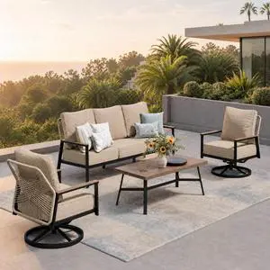 HERA'S HOUSE Rattan Patio Conversation Set, 5-Seat, Swivel Chairs, | 1 3-Seat Sofa, Coffee Table, High Back, All-Weather, Beige HERA'S HOUSE Rattan Patio Conversation Set, 5-Seat, Swivel Chairs, | 1 3-Seat Sofa, Coffee Table, High Back, All-Weather, Beige