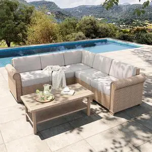 HERA'S HOUSE 6-Piece Wicker Patio Furniture Set, 6 Pieces Set | Beige 1 X L/shaped 5/seat Sofa, Coffee Table, UV resistant HERA'S HOUSE 6-Piece Wicker Patio Furniture Set, 6 Pieces Set | Beige 1 X L/shaped 5/seat Sofa, Coffee Table, UV resistant