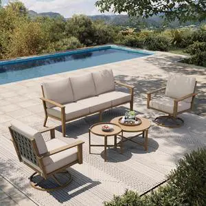 HERA'S HOUSE 5-Piece Metal Patio Conversation Set, 2 Swivel Chairs | 1 3-Seat Sofa, Coffee Table, All-Weather, For Garden, Deck, Backyard HERA'S HOUSE 5-Piece Metal Patio Conversation Set, 2 Swivel Chairs | 1 3-Seat Sofa, Coffee Table, All-Weather, For Garden, Deck, Backyard