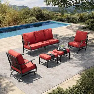 HERA'S HOUSE 5-Piece Metal Outdoor Conversation Set, 7 Seats | Red Rocker + Ottoman, Rocking chair, Single chairs could support up to 350lbs HERA'S HOUSE 5-Piece Metal Outdoor Conversation Set, 7 Seats | Red Rocker + Ottoman, Rocking chair, Single chairs could support up to 350lbs