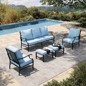 HERA'S HOUSE 5-Piece Metal Outdoor Conversation Set, 7 Seats | Blue Leg Chair + Ottoman, Single chairs could support up to 350lbs HERA'S HOUSE 5-Piece Metal Outdoor Conversation Set, 7 Seats | Blue Leg Chair + Ottoman, Single chairs could support up to 350lbs