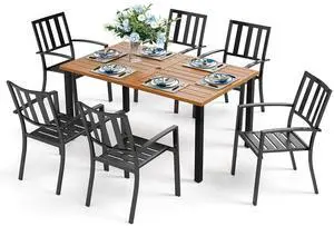 HERA'S HOUSE 7 Pieces Patio Dining Set, Outdoor Table and Chairs Set for 6, 60" Wood Look Table and 6 Metal Patio Chairs for Lawn Garden Backyard HERA'S HOUSE 7 Pieces Patio Dining Set, Outdoor Table and Chairs Set for 6, 60" Wood Look Table and 6 Metal Patio Chairs for Lawn Garden Backyard