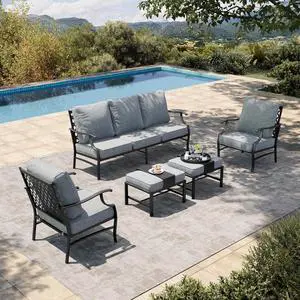 HERA'S HOUSE 5-Piece Metal Outdoor Conversation Set, 7 Seats | Gray Leg Chair + Ottoman, Single chairs could support up to 350lbs, Contemporary HERA'S HOUSE 5-Piece Metal Outdoor Conversation Set, 7 Seats | Gray Leg Chair + Ottoman, Single chairs could support up to 350lbs, Contemporary