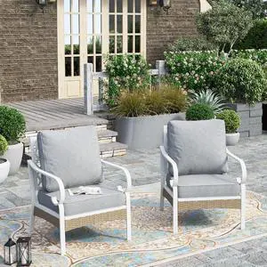 HERA'S HOUSE Outdoor Patio Chairs Set of 2, Metal Frame, Light Grey | High back, white frame, cushioned seats, 350 lb capacity, 5.75 in cushions, all-weather E-coated and powder-coated frame HERA'S HOUSE Outdoor Patio Chairs Set of 2, Metal Frame, Light Grey | High back, white frame, cushioned seats, 350 lb capacity, 5.75 in cushions, all-weather E-coated and powder-coated frame