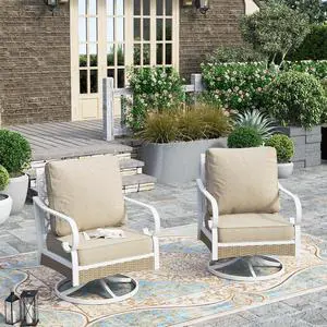 HERA'S HOUSE Swivel Patio Chairs Set of 2, Metal Frame, Beige | High back, white frame, cushioned seats, 350 lb capacity, 5.75 in cushions, all-weather E-coated and powder-coated frame HERA'S HOUSE Swivel Patio Chairs Set of 2, Metal Frame, Beige | High back, white frame, cushioned seats, 350 lb capacity, 5.75 in cushions, all-weather E-coated and powder-coated frame