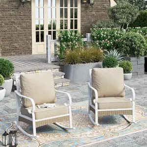 HERA'S HOUSE, 2 Pack, Patio Rocking Chairs, White Frame, Beige Cushions | Metal, 5.75" Thick Cushions, High Back, All Weather, 350 lb Capacity, Waterproof Cushion Covers HERA'S HOUSE, 2 Pack, Patio Rocking Chairs, White Frame, Beige Cushions | Metal, 5.75" Thick Cushions, High Back, All Weather, 350 lb Capacity, Waterproof Cushion Covers
