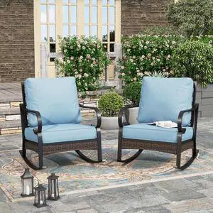 HERA'S HOUSE, 2 Pack, Patio Rocking Chairs, Black Frame, Blue Cushions | Metal, 5.75" Thick Cushions, High Back, All Weather, 350 lb Capacity, Waterproof Cushion Covers HERA'S HOUSE, 2 Pack, Patio Rocking Chairs, Black Frame, Blue Cushions | Metal, 5.75" Thick Cushions, High Back, All Weather, 350 lb Capacity, Waterproof Cushion Covers
