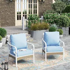 HERA'S HOUSE Outdoor Patio Chairs Set of 2, Metal Frame, Blue | High back, white frame, cushioned seats, 350 lb capacity, 5.75 in cushions, all-weather E-coated and powder-coated frame HERA'S HOUSE Outdoor Patio Chairs Set of 2, Metal Frame, Blue | High back, white frame, cushioned seats, 350 lb capacity, 5.75 in cushions, all-weather E-coated and powder-coated frame