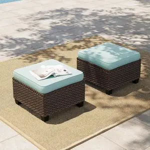 HERA'S HOUSE Outdoor Wicker Ottoman Set of 2, Patio Footstool Footrest Seat with 4" Cushions, 2 Pieces Brown Rattan Garden Stool, Blue HERA'S HOUSE Outdoor Wicker Ottoman Set of 2, Patio Footstool Footrest Seat with 4" Cushions, 2 Pieces Brown Rattan Garden Stool, Blue