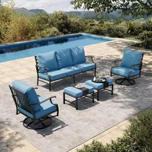 HERA'S HOUSE 5-Piece Metal Outdoor Conversation Set, 7 Seats | Navy Blue Swivel Chair + Ottoman, Single chairs could support up to 350lbs HERA'S HOUSE 5-Piece Metal Outdoor Conversation Set, 7 Seats | Navy Blue Swivel Chair + Ottoman, Single chairs could support up to 350lbs