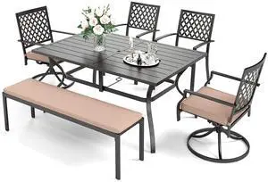 HERA'S HOUSE 6 Pieces Patio Dining Set, 2 x Cushioned Swivel Chair, 2 x Fixed Metal Chair, 56" Cushioned Bench and 61" Dining Table with Umbrella Hole, Outdoor Funiture Set for Deck, Garden, Backyard HERA'S HOUSE 6 Pieces Patio Dining Set, 2 x Cushioned Swivel Chair, 2 x Fixed Metal Chair, 56" Cushioned Bench and 61" Dining Table with Umbrella Hole, Outdoor Funiture Set for Deck, Garden, Backyard