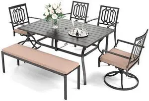 HERA'S HOUSE Patio Dining Set for 6, 2 x Swivel Chairs, 2 x Metal Chairs, 1 x 56 Bench, 61" Rectangle Table with Umbrella Hole, Outdoor Table and Chairs for Deck Garden and Backyard HERA'S HOUSE Patio Dining Set for 6, 2 x Swivel Chairs, 2 x Metal Chairs, 1 x 56 Bench, 61" Rectangle Table with Umbrella Hole, Outdoor Table and Chairs for Deck Garden and Backyard