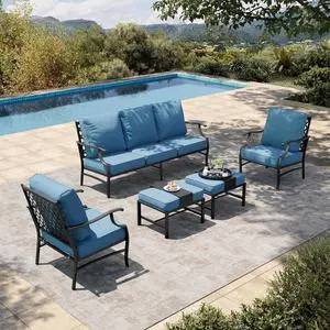 HERA'S HOUSE 5-Piece Metal Outdoor Conversation Set, 7 Seats | Navy Blue Leg Chair + Ottoman, Single chairs could support up to 350lbs, Traditional HERA'S HOUSE 5-Piece Metal Outdoor Conversation Set, 7 Seats | Navy Blue Leg Chair + Ottoman, Single chairs could support up to 350lbs, Traditional