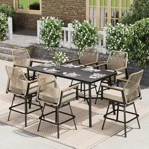 HERA'S HOUSE Patio Swivel Bar Stools Set, 7 Pieces Outdoor High Top Table and Chairs, 67" Bar Height Metal Dining Table with 6 x Cushioned Rattan Wicker Chairs for Backyard Balcony Pool Pool HERA'S HOUSE Patio Swivel Bar Stools Set, 7 Pieces Outdoor High Top Table and Chairs, 67" Bar Height Metal Dining Table with 6 x Cushioned Rattan Wicker Chairs for Backyard Balcony Pool Pool