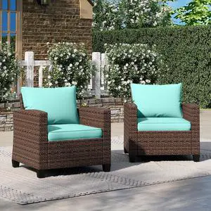 HERA'S HOUSE Patio Wicker Chairs, Outdoor Rattan Chairs Set of 2, Wicker Patio Conversation Furniture Sets with 4" Thick Cushions for Lawn Deck Porch Pool, Brown/Blue HERA'S HOUSE Patio Wicker Chairs, Outdoor Rattan Chairs Set of 2, Wicker Patio Conversation Furniture Sets with 4" Thick Cushions for Lawn Deck Porch Pool, Brown/Blue
