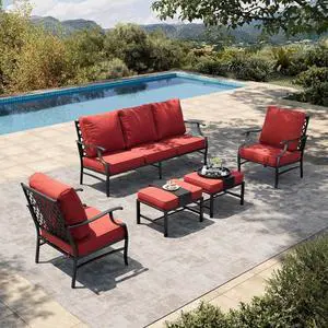 HERA'S HOUSE 5-Piece Metal Outdoor Conversation Set, 7 Seats | Red Leg Chair + Ottoman, Single chairs could support up to 350lbs HERA'S HOUSE 5-Piece Metal Outdoor Conversation Set, 7 Seats | Red Leg Chair + Ottoman, Single chairs could support up to 350lbs