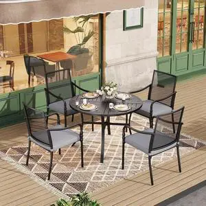 HERA'S HOUSE 5pc Patio Dining Set, 42" Round Table, 4 Mesh Chairs | Metal table with umbrella hole, Cushioned gourd armrest chairs. Rust-resistant, all-weather for yard, porch HERA'S HOUSE 5pc Patio Dining Set, 42" Round Table, 4 Mesh Chairs | Metal table with umbrella hole, Cushioned gourd armrest chairs. Rust-resistant, all-weather for yard, porch