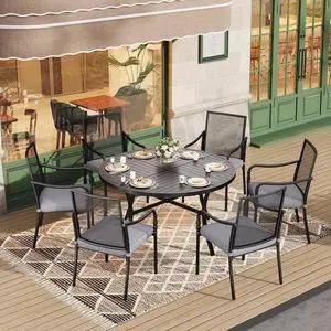HERA'S HOUSE 7pc Patio Dining Set, 54" Round Table, 6 Mesh Chairs | Metal table with umbrella hole, Cushioned gourd armrest chairs. Rust-resistant, all-weather for yard, porch HERA'S HOUSE 7pc Patio Dining Set, 54" Round Table, 6 Mesh Chairs | Metal table with umbrella hole, Cushioned gourd armrest chairs. Rust-resistant, all-weather for yard, porch
