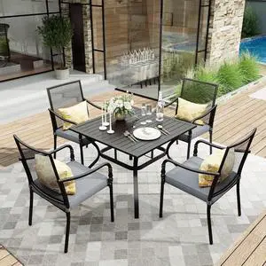 HERA'S HOUSE 5pc Patio Dining Set, 37" Square Table, 4 Mesh Chairs | Metal table with umbrella hole, Cushioned gourd armrest chairs. Rust-resistant, all-weather for yard, porch HERA'S HOUSE 5pc Patio Dining Set, 37" Square Table, 4 Mesh Chairs | Metal table with umbrella hole, Cushioned gourd armrest chairs. Rust-resistant, all-weather for yard, porch