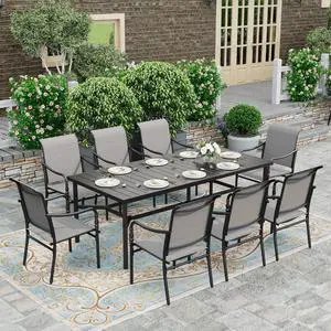 HERA'S HOUSE 9pc Patio Dining Set, 83" Metal Table, 8 Textilene Chairs | Rectangular table with umbrella hole. Gourd armrest chairs. Waterproof, rust-resistant, all-weather for backyard, porch HERA'S HOUSE 9pc Patio Dining Set, 83" Metal Table, 8 Textilene Chairs | Rectangular table with umbrella hole. Gourd armrest chairs. Waterproof, rust-resistant, all-weather for backyard, porch