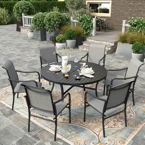 HERA'S HOUSE 7pc Patio Dining Set, 54" Round Table, 6 Textilene Chairs | Metal table with umbrella hole. Gourd armrest chairs. Waterproof, rust-resistant, all-weather for backyard, porch HERA'S HOUSE 7pc Patio Dining Set, 54" Round Table, 6 Textilene Chairs | Metal table with umbrella hole. Gourd armrest chairs. Waterproof, rust-resistant, all-weather for backyard, porch