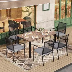 HERA'S HOUSE 7pc Patio Dining Set, Wood-Look Metal Table, 6 Mesh Chairs | 60" Rectangular table with umbrella hole, Cushioned gourd armrest chairs. Rust-resistant, all-weather for yard, porch HERA'S HOUSE 7pc Patio Dining Set, Wood-Look Metal Table, 6 Mesh Chairs | 60" Rectangular table with umbrella hole, Cushioned gourd armrest chairs. Rust-resistant, all-weather for yard, porch