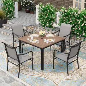 HERA'S HOUSE 5pc Patio Dining Set, 42" Square Table, 4 Textilene Chairs | Wood-Look Metal Table with umbrella hole. Gourd armrest chairs. Waterproof, rust-resistant, all-weather for backyard, porch HERA'S HOUSE 5pc Patio Dining Set, 42" Square Table, 4 Textilene Chairs | Wood-Look Metal Table with umbrella hole. Gourd armrest chairs. Waterproof, rust-resistant, all-weather for backyard, porch