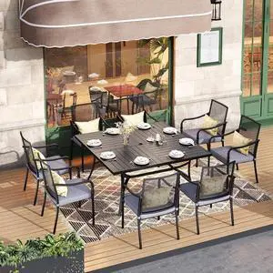 HERA'S HOUSE 9pc Patio Dining Set, 57.5" Square Table, 8 Mesh Chairs | Metal table with umbrella hole, Cushioned gourd armrest chairs. Rust-resistant, all-weather for yard, porch HERA'S HOUSE 9pc Patio Dining Set, 57.5" Square Table, 8 Mesh Chairs | Metal table with umbrella hole, Cushioned gourd armrest chairs. Rust-resistant, all-weather for yard, porch